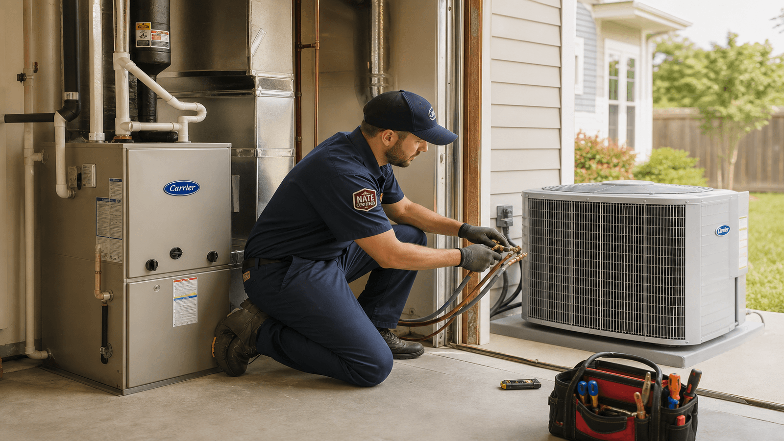 Residential heating and cooling installation equipment in a home utility space