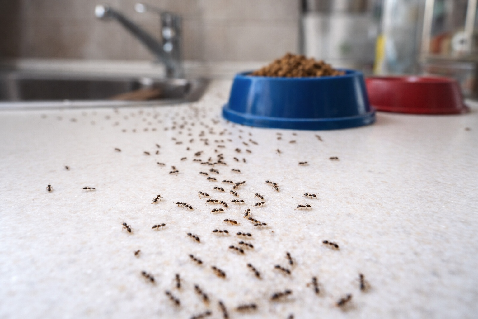 A trail of ants along a kitchen counter near household food bowls